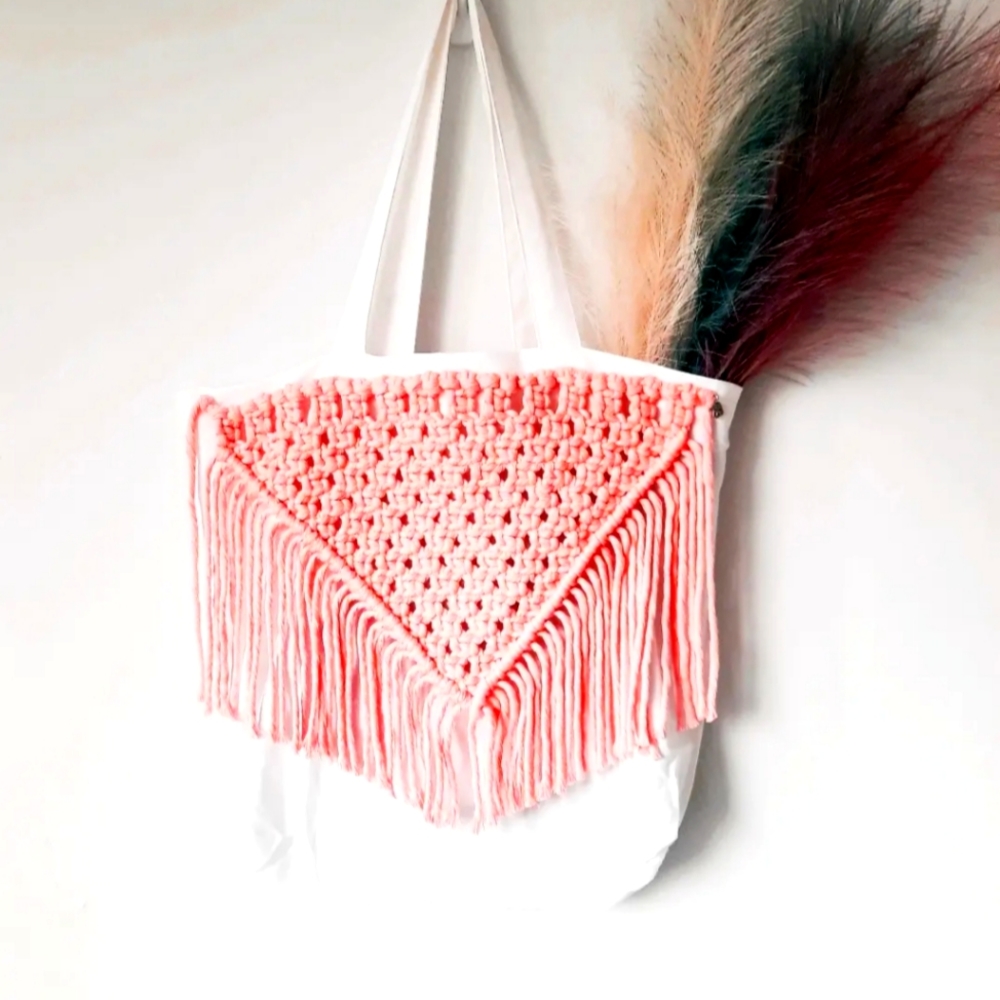 Handmade Macrame reusable cotton tote bag, white, peach 🍑